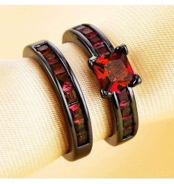 His and Hers Couples Matching Rings Women's 2pc Black Gold Filled Red CZ Engagement Ring Bridal Sets Men's Titanium Steel Wed...