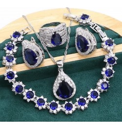 Royal Blue Sapphire 925 Sterling Silver Jewelry set for Women Bracelet Hoop Earrings Necklace pendant Ring (White 4pcs-7) Whi...