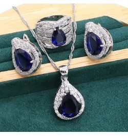 Royal Blue Sapphire 925 Sterling Silver Jewelry set for Women Bracelet Hoop Earrings Necklace pendant Ring (White 4pcs-7) Whi...