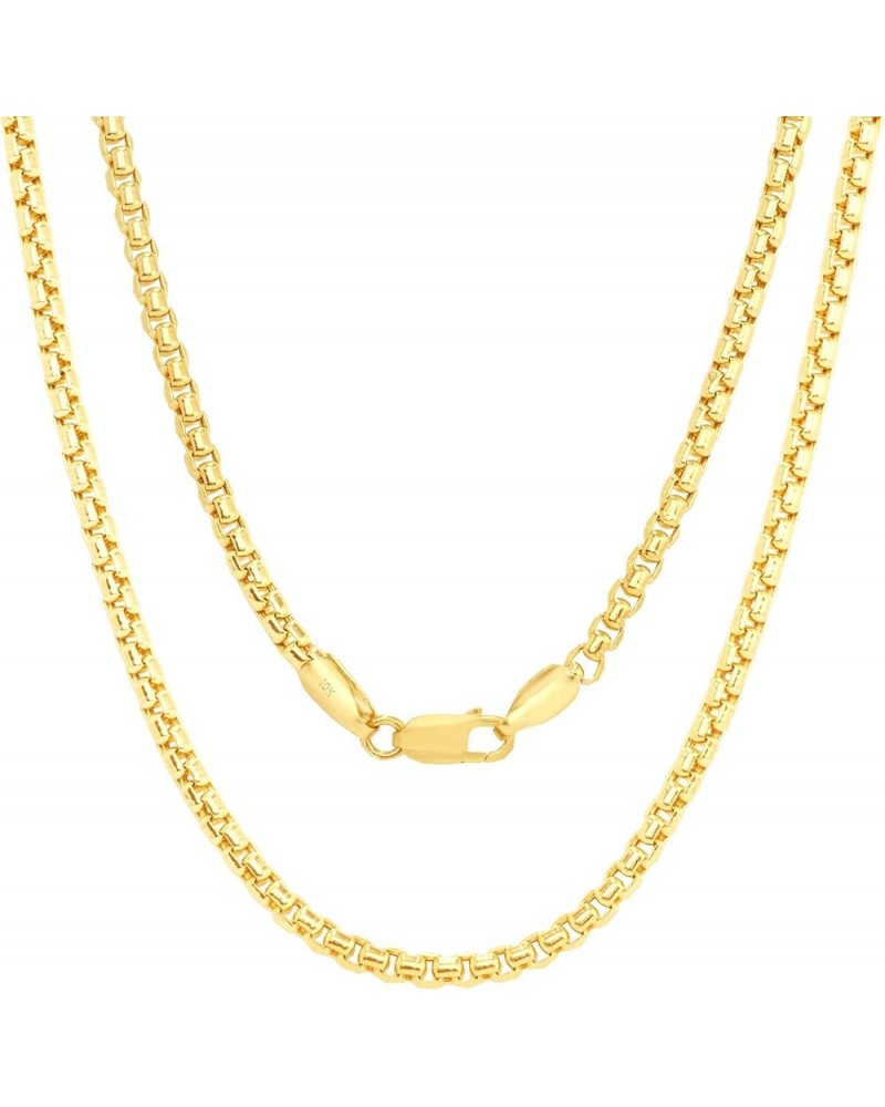 10k Yellow Gold 2.5mm Round Box Chain Venetian Link Pendant Necklace, Mens Womens Lobster Clasp 16" 18" 20" 22" 24" 26" 28" 3...