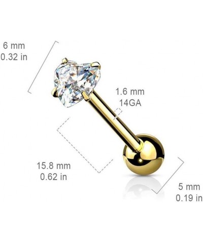 Prong Heart CZ Surgical Steel Barbell Tongue Rings Gold/Clear $8.84 Body Jewelry