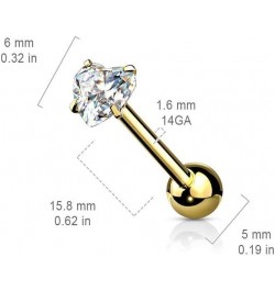 Prong Heart CZ Surgical Steel Barbell Tongue Rings Gold/Clear $8.84 Body Jewelry