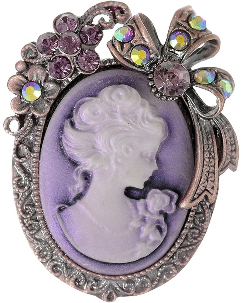 Vintage Inspired Crystal Rhinestone Victorian Lady Cameo Brooch Pin Maiden Flower Ribbon Bow Pendant Purple $10.57 Brooches &...