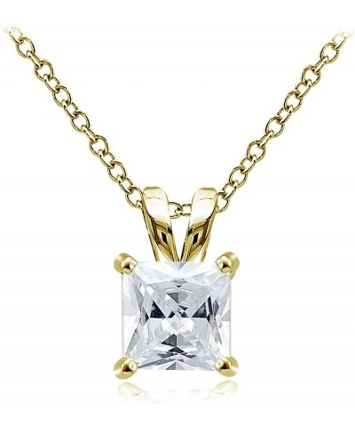 Sterling Silver, Yellow Gold Flash or Rose Gold Flash CZ Cubic Zirconia Square Solitaire Pendant Necklace 8mm-Yellow Flash Si...