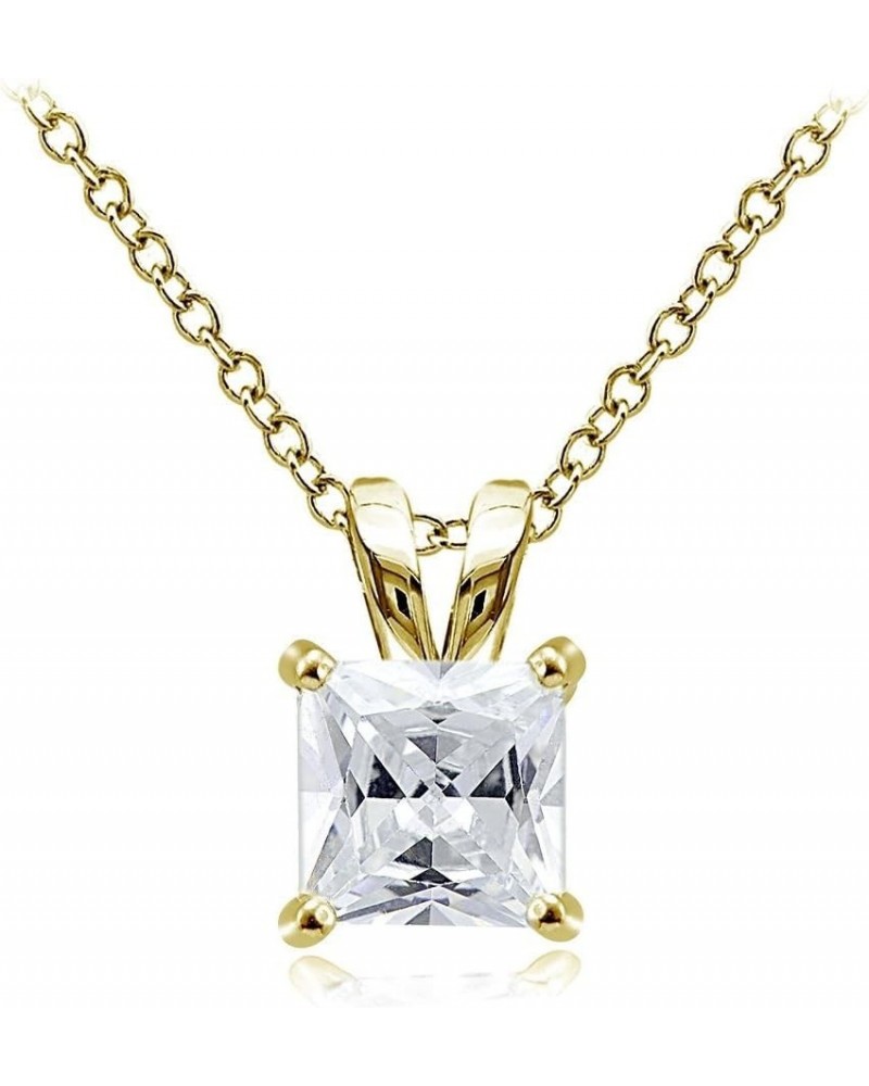 Sterling Silver, Yellow Gold Flash or Rose Gold Flash CZ Cubic Zirconia Square Solitaire Pendant Necklace 8mm-Yellow Flash Si...