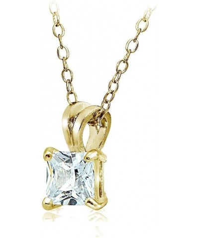 Sterling Silver, Yellow Gold Flash or Rose Gold Flash CZ Cubic Zirconia Square Solitaire Pendant Necklace 8mm-Yellow Flash Si...