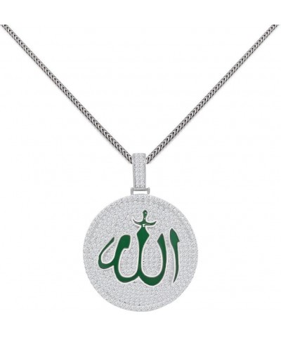 Real Genuine Sterling Silver 14K Gold Over Green Enamel Simulated Diamond Allah God Muslim Medallion Islamic Arabic Charm Pen...