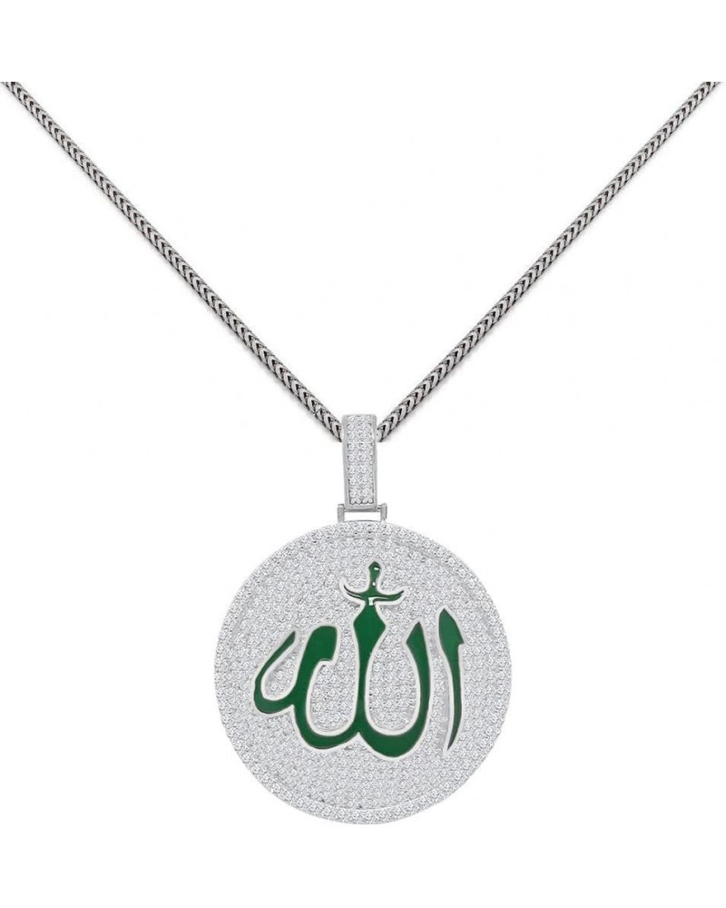 Real Genuine Sterling Silver 14K Gold Over Green Enamel Simulated Diamond Allah God Muslim Medallion Islamic Arabic Charm Pen...