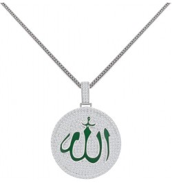 Real Genuine Sterling Silver 14K Gold Over Green Enamel Simulated Diamond Allah God Muslim Medallion Islamic Arabic Charm Pen...