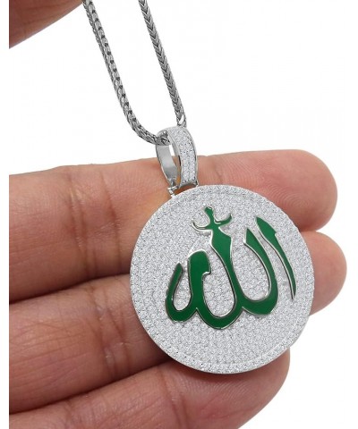 Real Genuine Sterling Silver 14K Gold Over Green Enamel Simulated Diamond Allah God Muslim Medallion Islamic Arabic Charm Pen...