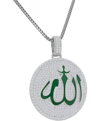 Real Genuine Sterling Silver 14K Gold Over Green Enamel Simulated Diamond Allah God Muslim Medallion Islamic Arabic Charm Pen...