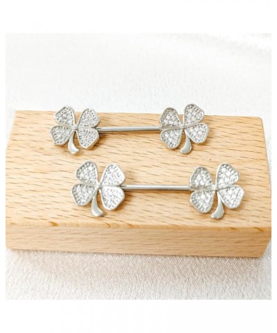 14G Four Leaf Clover Nipple Rings for Women Girls Stainless Steel Sparkling CZ Straight Bar Barbell Nipple Studs Stylish Body...