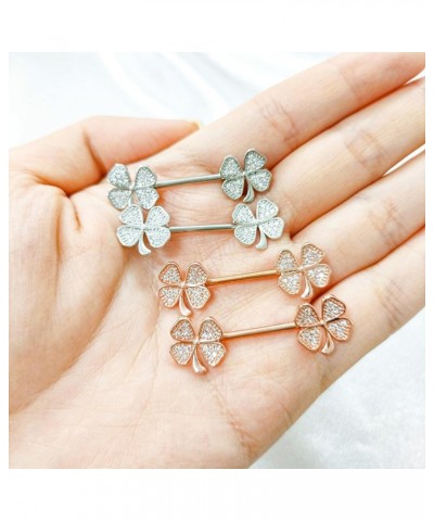 14G Four Leaf Clover Nipple Rings for Women Girls Stainless Steel Sparkling CZ Straight Bar Barbell Nipple Studs Stylish Body...