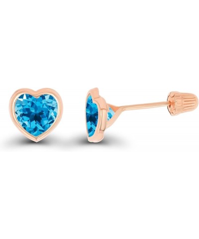 Solid 14K Gold Hypoallergenic 4mm Heart Shaped Birthstone Polished Bezel Screw Back Stud Earrings Blue Topaz-Swiss Blue Topaz...