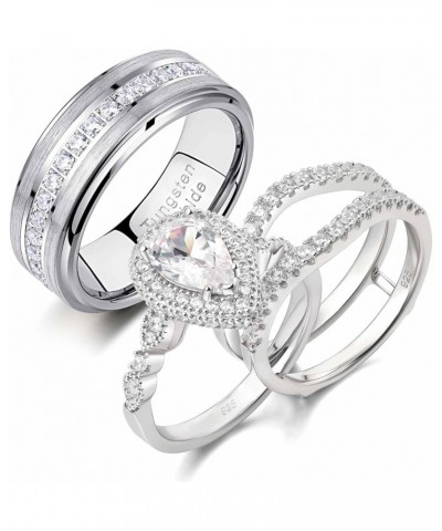 Wedding Ring Sets for Him and Her AAAAA Cz Promise Rings for Couples Women Mens Band Pear Shape Size 5-13 Men's Size 9 & Wome...