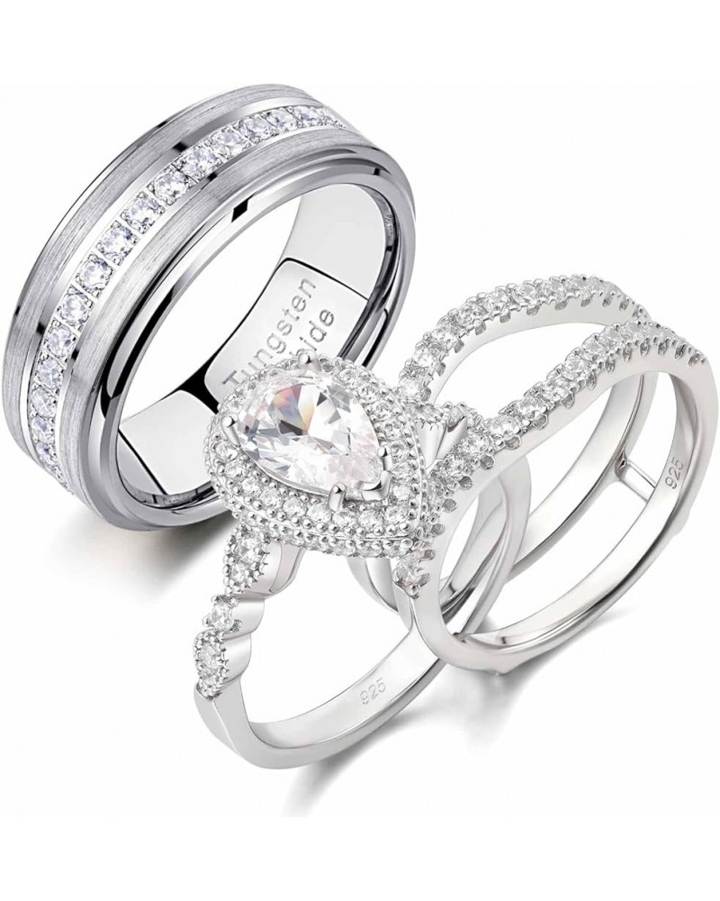 Wedding Ring Sets for Him and Her AAAAA Cz Promise Rings for Couples Women Mens Band Pear Shape Size 5-13 Men's Size 9 & Wome...