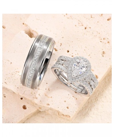 Wedding Ring Sets for Him and Her AAAAA Cz Promise Rings for Couples Women Mens Band Pear Shape Size 5-13 Men's Size 9 & Wome...