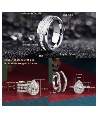 Wedding Ring Sets for Him and Her AAAAA Cz Promise Rings for Couples Women Mens Band Pear Shape Size 5-13 Men's Size 9 & Wome...