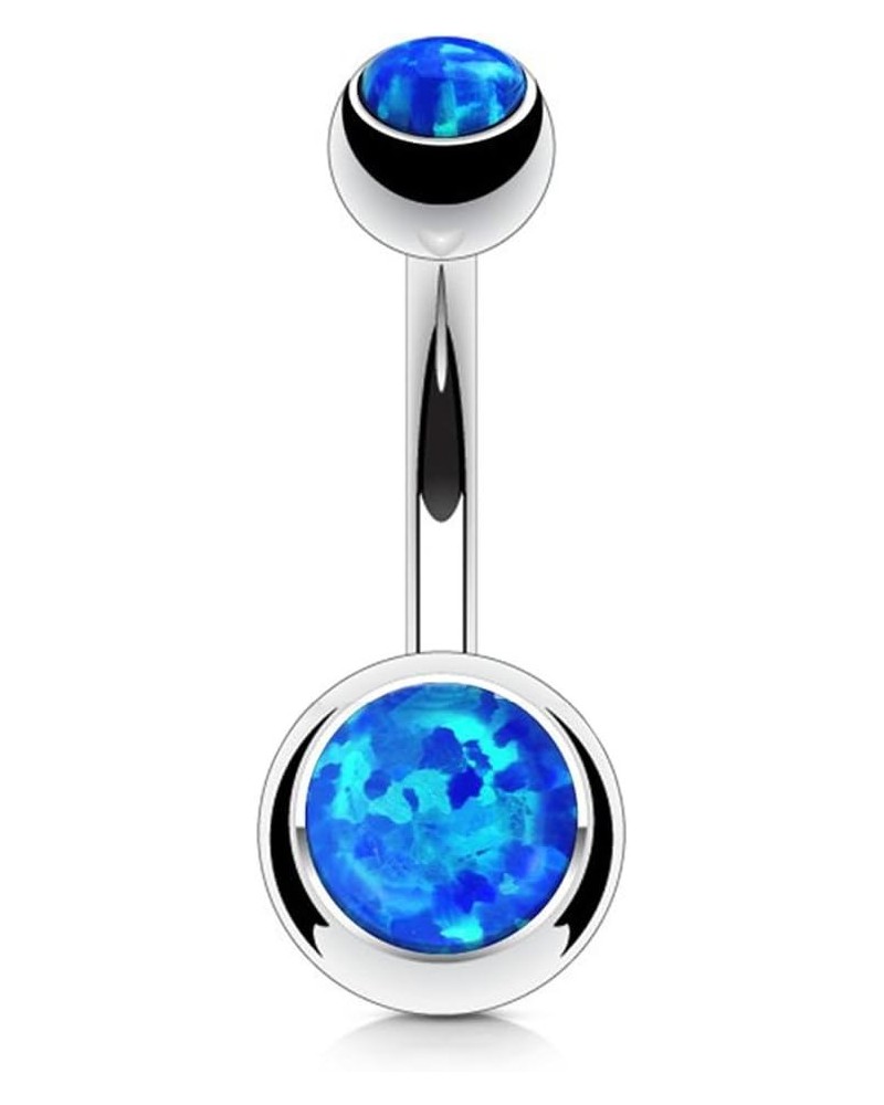 Synthetic Opal Set Double Jeweled 316L Surgical Steel Navel Belly Button Ring Opal Blue $10.19 Body Jewelry