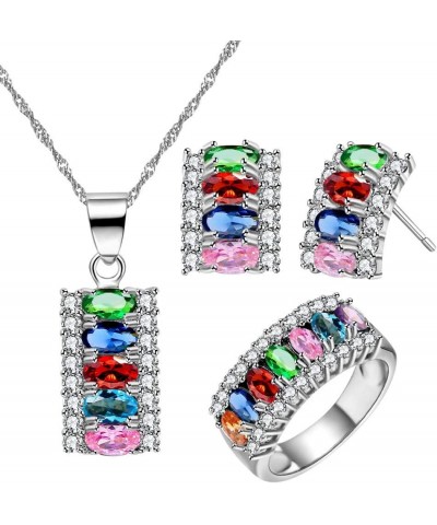 Platinum Plated Oval Cut Cubic Zirconia 7 Stones Necklace Earrings and Ring Half Moon Party Jewelry Set T502 Rainbow $10.61 J...