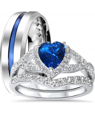 His Hers Sterling Blue Sapphire CZ Bridal Wedding Band Engagement Ring Set Him Her Thin Blue Line Her 11 - His 9 $29.25 Sets