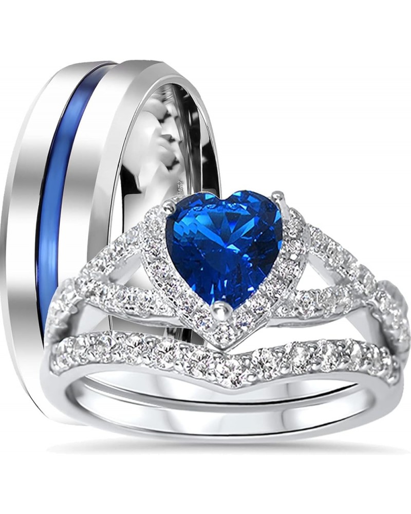 His Hers Sterling Blue Sapphire CZ Bridal Wedding Band Engagement Ring Set Him Her Thin Blue Line Her 11 - His 9 $29.25 Sets