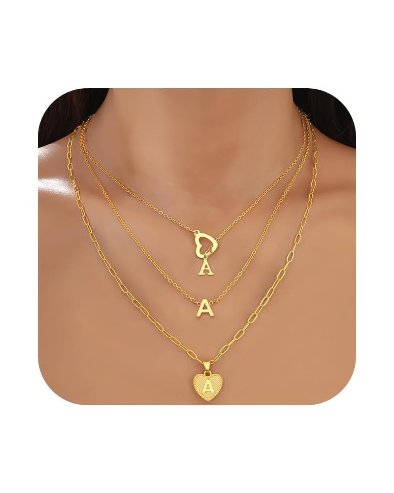 Gold Initial Necklaces for Women Girls, 3 Pcs 14K Gold Plated Letter Heart Pendant Necklaces, Dainty Gold Letter Necklace Set...