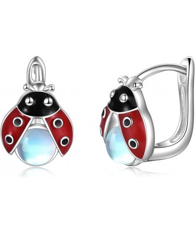 Ladybug Moonstone Earrings for Women Sterling Silver Cute Ladybug Small Hoop Huggie Earrings Jewelry for Girls (ladybug moons...