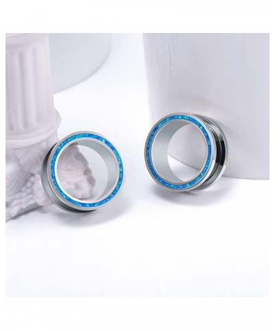 1 Pair Stainless Steel Opal Blue Rimmed Ear Flesh Tunnels Screw Back Fit Ear Gauges Stretcher Expander Piercing Jewelry 1 Blu...