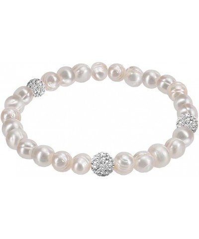 8-9MM Cultured Freshwater Natural White Pearl Crystal Bead Stretch Bracelet 7 inches for Women & Girls Comes with Gift Box $1...