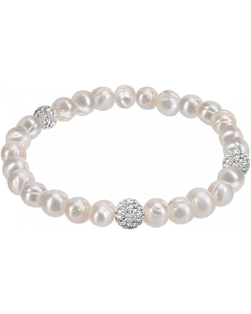 8-9MM Cultured Freshwater Natural White Pearl Crystal Bead Stretch Bracelet 7 inches for Women & Girls Comes with Gift Box $1...