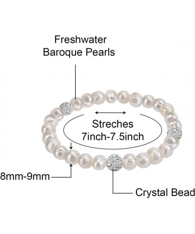 8-9MM Cultured Freshwater Natural White Pearl Crystal Bead Stretch Bracelet 7 inches for Women & Girls Comes with Gift Box $1...