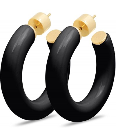 Yellow Gold Plated Sterling Silver Color Resin Chunky Open Hoop Earrings for Women 37.5MM (1.48") Diameter Black ( Glossy ) -...