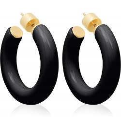 Yellow Gold Plated Sterling Silver Color Resin Chunky Open Hoop Earrings for Women 37.5MM (1.48") Diameter Black ( Glossy ) -...