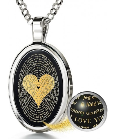 Love Necklace with I Love You inscribed in 120 languages in Miniature Text of Pure Gold on a Romantic Onyx Pendant for Women,...