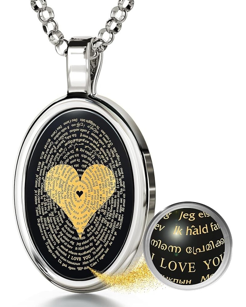 Love Necklace with I Love You inscribed in 120 languages in Miniature Text of Pure Gold on a Romantic Onyx Pendant for Women,...