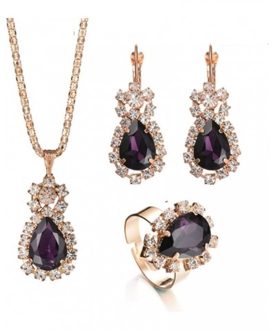 Atmneris Women Teardrop Crystals Jewelry Sets Open Ring, Earring & Pendant Necklace High Polished Elegant Jewelry Gifts,Purpl...