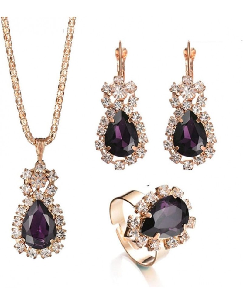 Atmneris Women Teardrop Crystals Jewelry Sets Open Ring, Earring & Pendant Necklace High Polished Elegant Jewelry Gifts,Purpl...