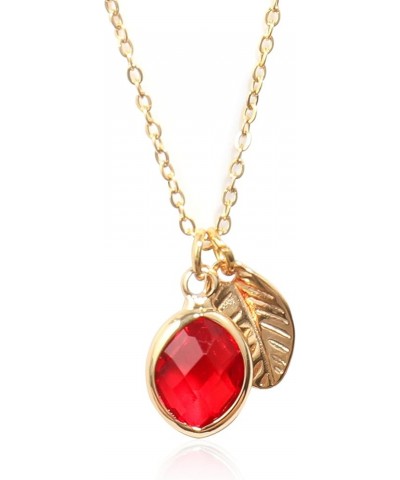 Teardrop Golden Leaf Iced Out Crystal Pendant Necklace 14k Gold Plated Spiritual Amulet Womens Birthstone Jewelry Gift 18 Red...