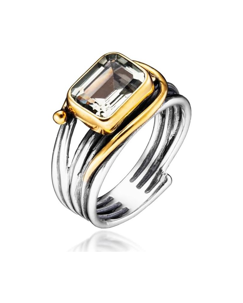 Rectangular Cut Gemstone And 0.4 inch Cultured Button Pearl in 18K Gold Plated Casting Sterling Silver Ring prasiolite quartz...