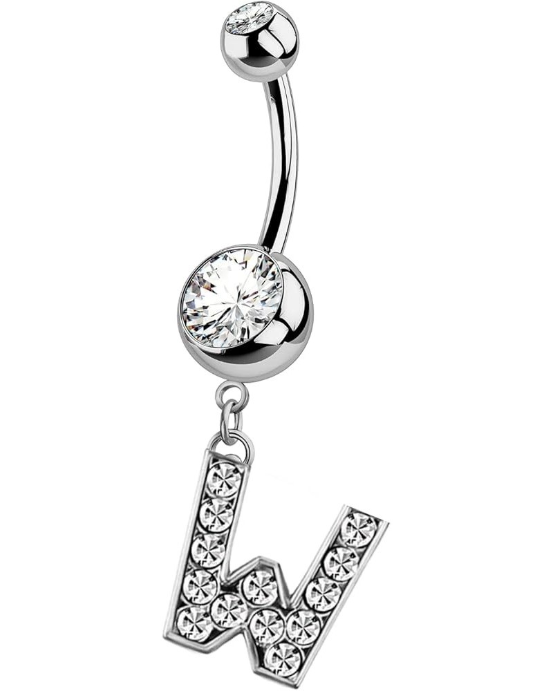 Initial Belly Button Rings- 316L Surgical Steel- 14G(1.6mm)- AAA+ CZ Crystals- Silver A-Z Letter Belly Button Rings Initial W...