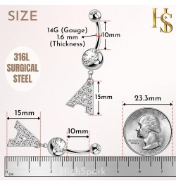 Initial Belly Button Rings- 316L Surgical Steel- 14G(1.6mm)- AAA+ CZ Crystals- Silver A-Z Letter Belly Button Rings Initial W...