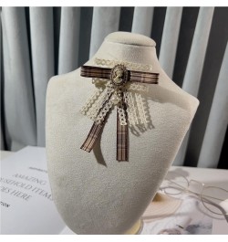 French retro Ribbon Bow Tie Brooch Pins for Women Girls Brown Plaid Uniform Pre-Tied Bowknot Corsage Party Ceremony Accessori...