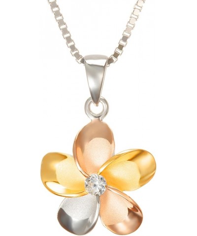 14K Gold Plated 925 Sterling Silver Cubic Zirconia Hawaiian Plumeria Flower Necklace Pendant with 18" Box Chain, Nickel Free ...