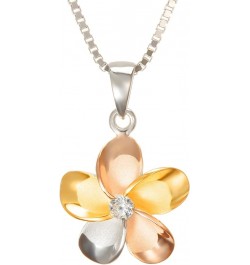 14K Gold Plated 925 Sterling Silver Cubic Zirconia Hawaiian Plumeria Flower Necklace Pendant with 18" Box Chain, Nickel Free ...