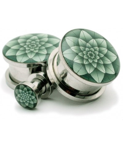 Screw on Plugs - Green Lotus Picture Plugs - Sold As a Pair 7/8" (22mm) $10.31 Body Jewelry