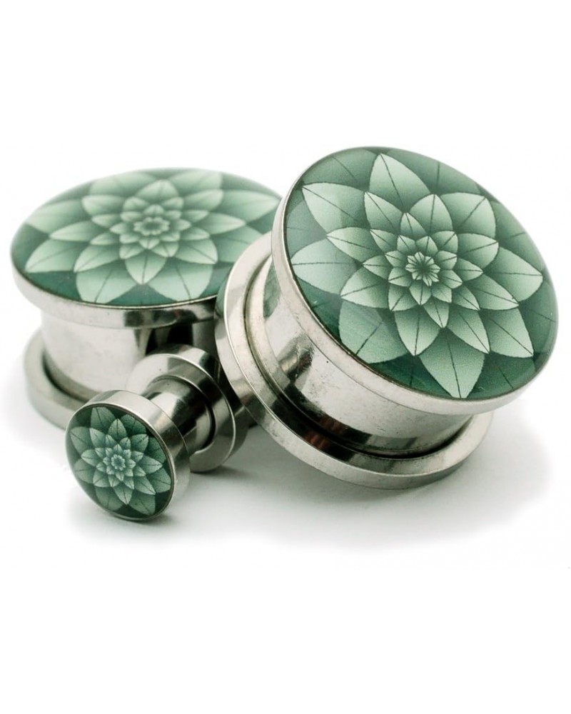 Screw on Plugs - Green Lotus Picture Plugs - Sold As a Pair 7/8" (22mm) $10.31 Body Jewelry