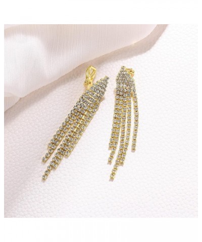 Austrian Crystal Chandelier Tassel Earrings Linear Drop Dangle Earrings for Women Wedding Bridal Party Clip-on-Clear-Gold-Ton...