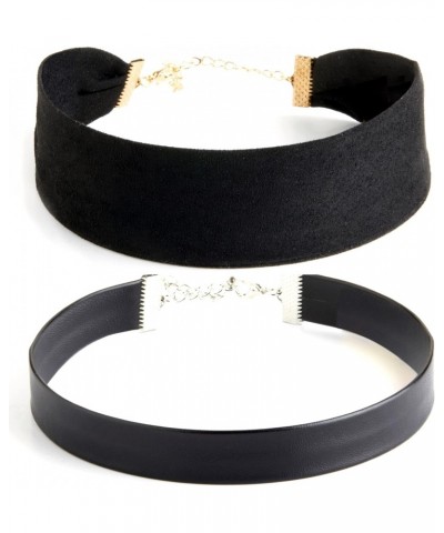 Pair of Classic Black Chokers | Wide Velvet Choker and Genuine Leather Choker Set | Comfort Adjustable Fit, Hypoallergenic, M...