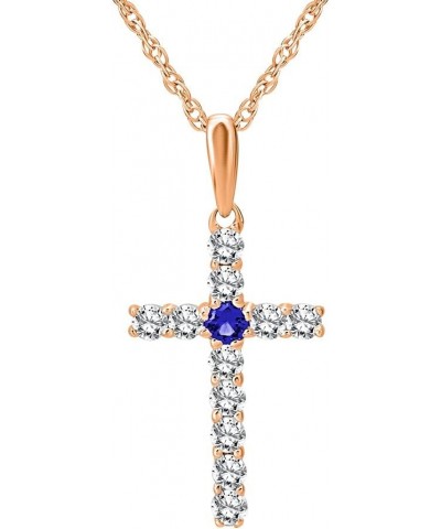 14K Gold Diamond and Created Blue Sapphire Cross Pendant with Sterling Silver Rope Chain Necklace (1/4 cttw, I-J Color, I2-I3...